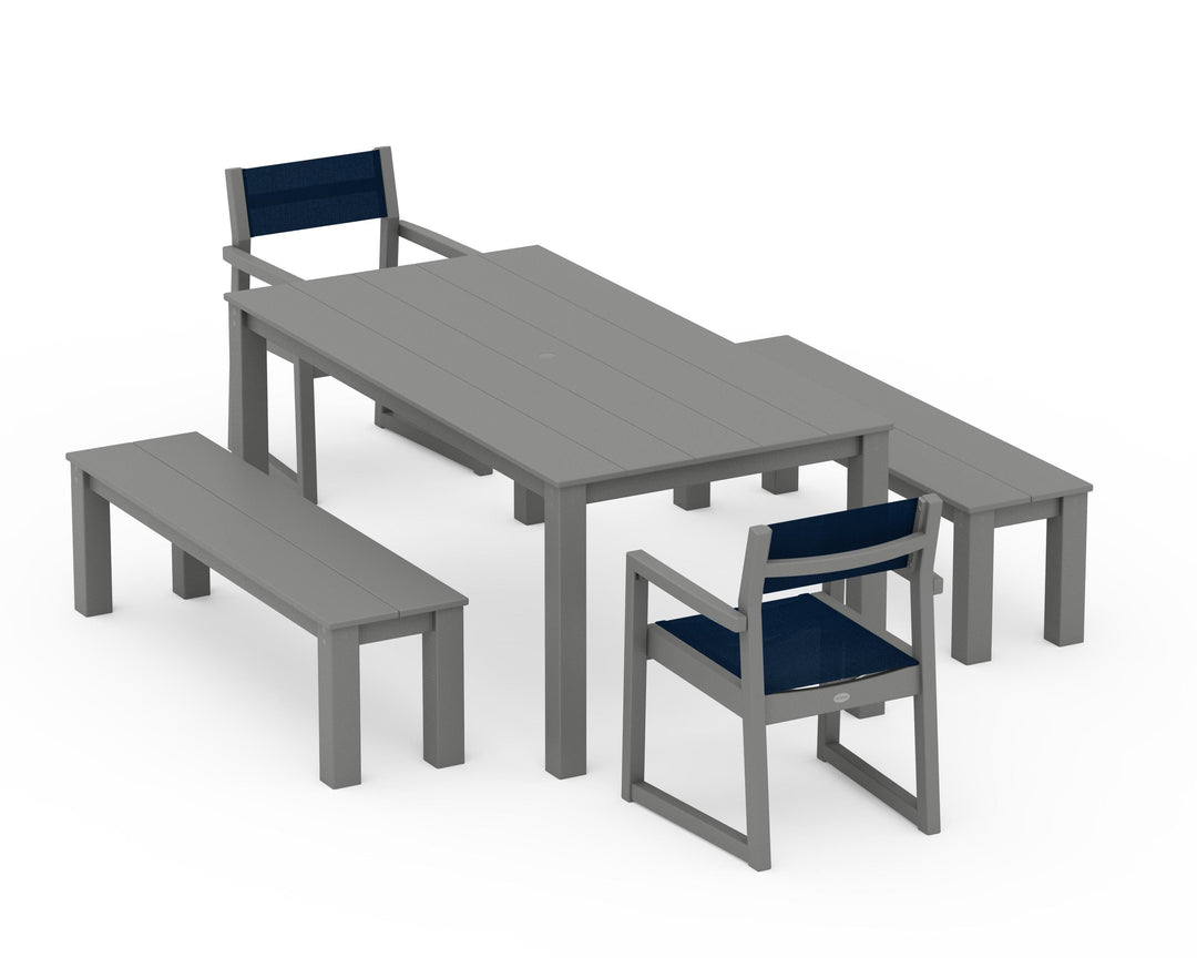 POLYWOOD® EDGE Sling Arm Chair 5-Piece Parsons Dining Set with Benches