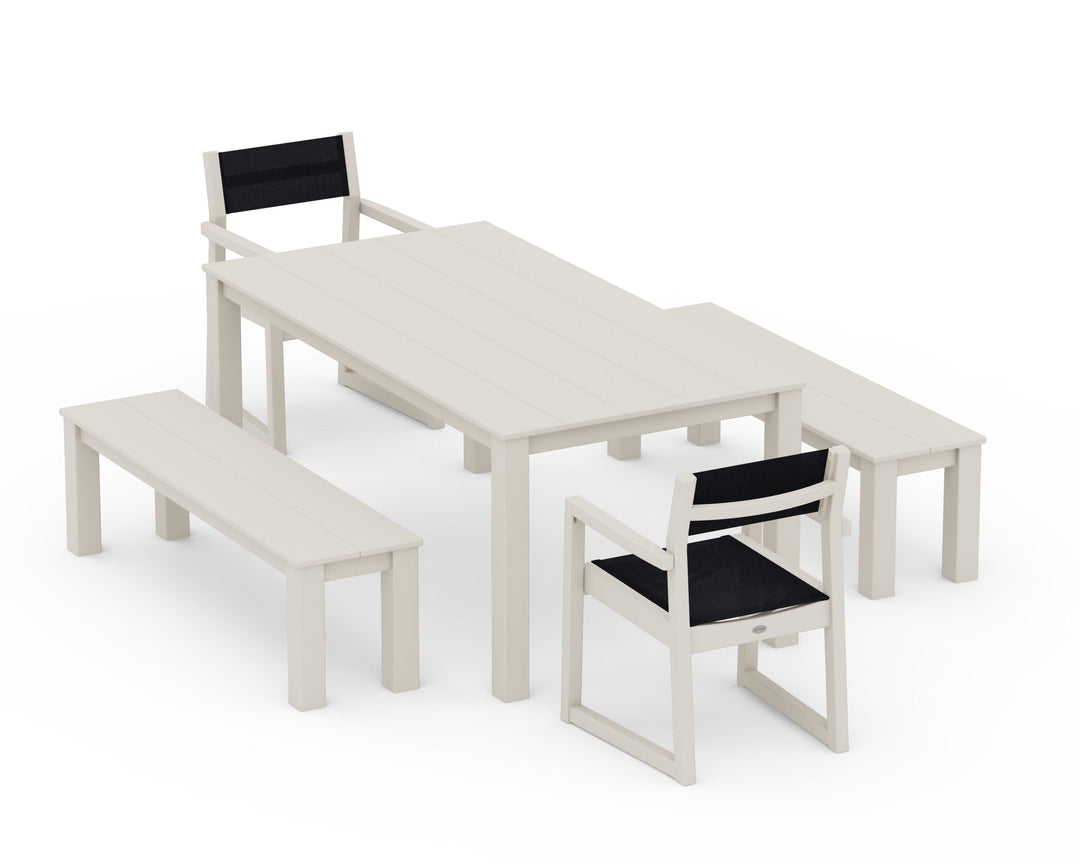 POLYWOOD® EDGE Sling Arm Chair 5-Piece Parsons Dining Set with Benches