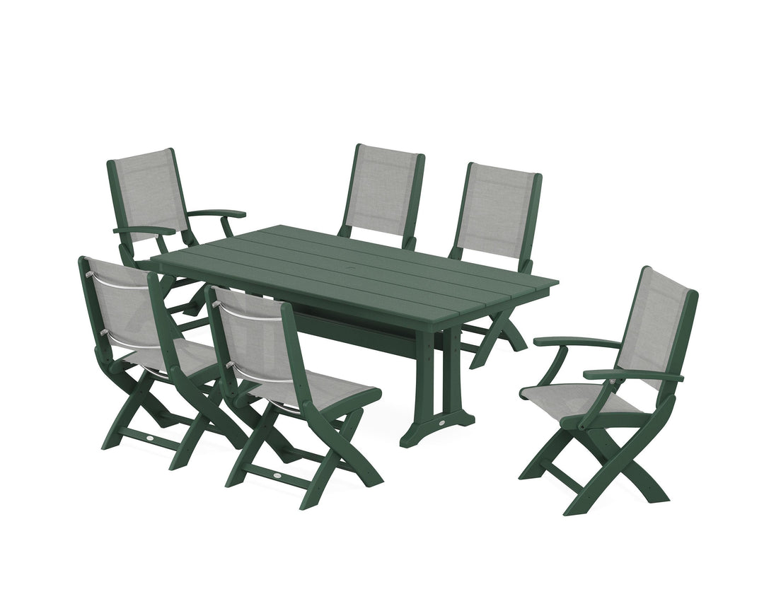 POLYWOOD® Coastal Folding Chair 7-Piece Farmhouse Dining Set with Trestle Legs