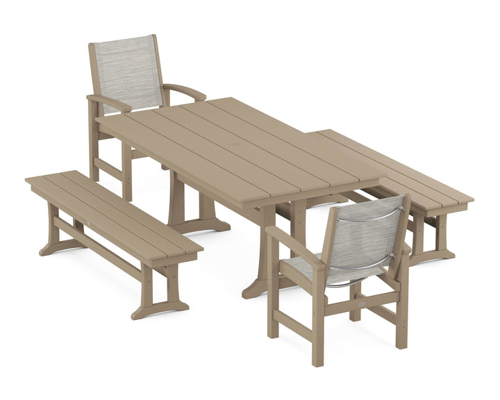 POLYWOOD® Coastal 5-Piece Farmhouse Dining Set with Trestle Legs and Benches
