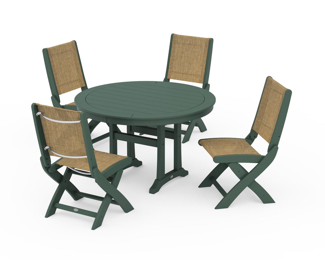 POLYWOOD® Coastal Folding Side Chair 5-Piece Round Dining Set With Trestle Legs
