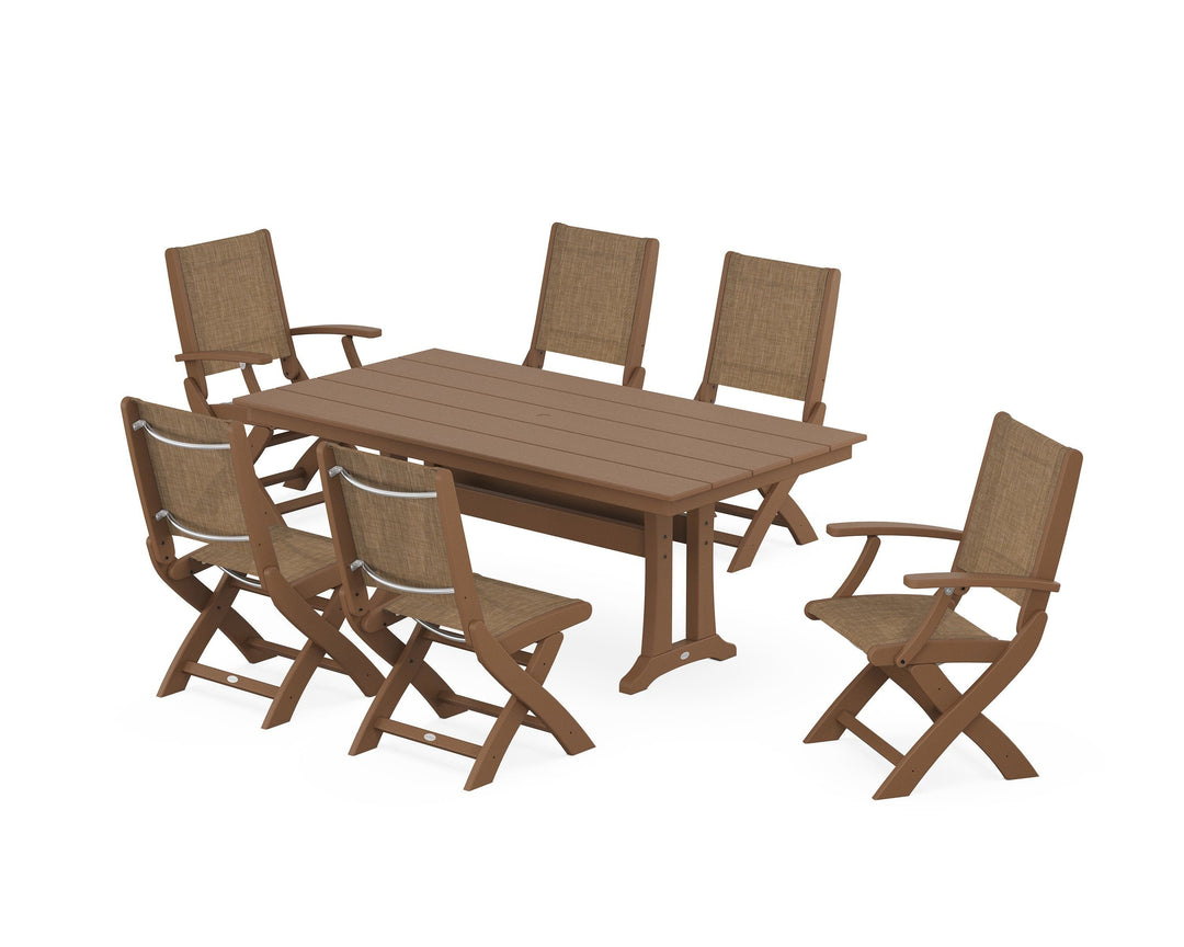 POLYWOOD® Coastal Folding Chair 7-Piece Farmhouse Dining Set with Trestle Legs
