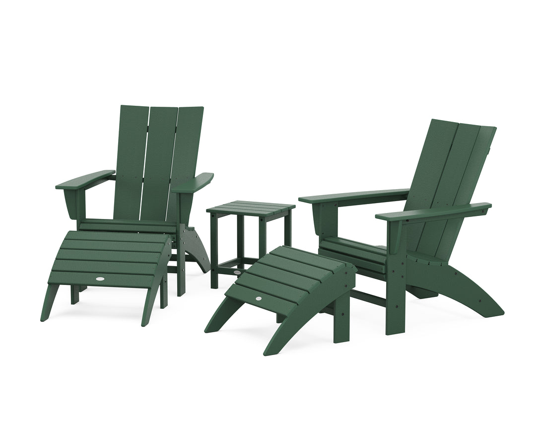 POLYWOOD® Modern Curveback Adirondack Chair 5-Piece Set with Ottomans and 18" Side Table