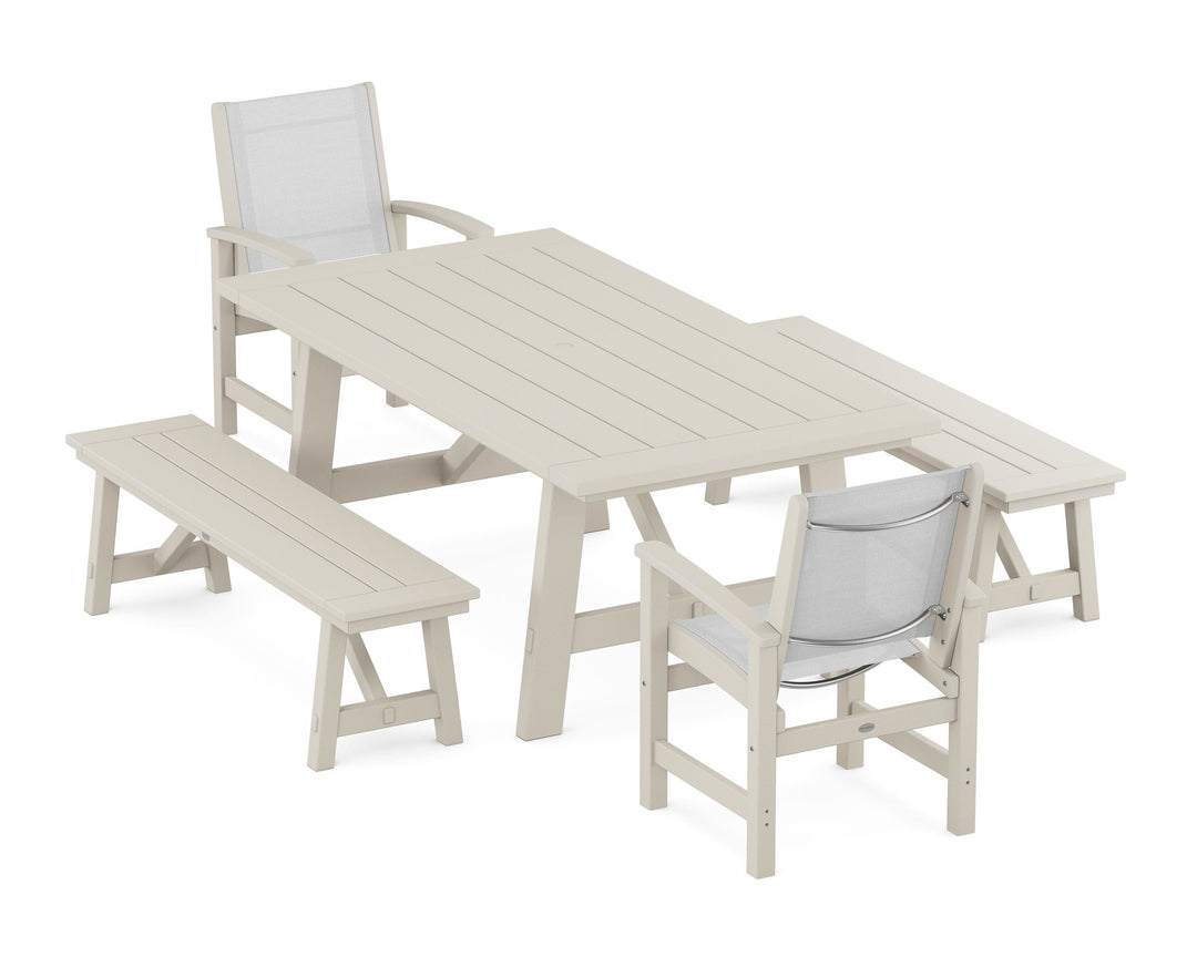 POLYWOOD® Coastal 5-Piece Rustic Farmhouse Dining Set With Benches