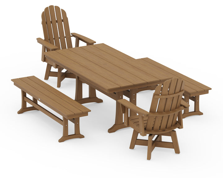 POLYWOOD® Vineyard Curveback Adirondack Swivel Chair 5-Piece Farmhouse Dining Set With Trestle Legs and Benches