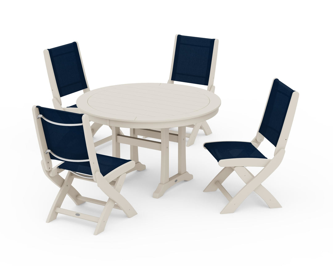POLYWOOD® Coastal Folding Side Chair 5-Piece Round Dining Set With Trestle Legs