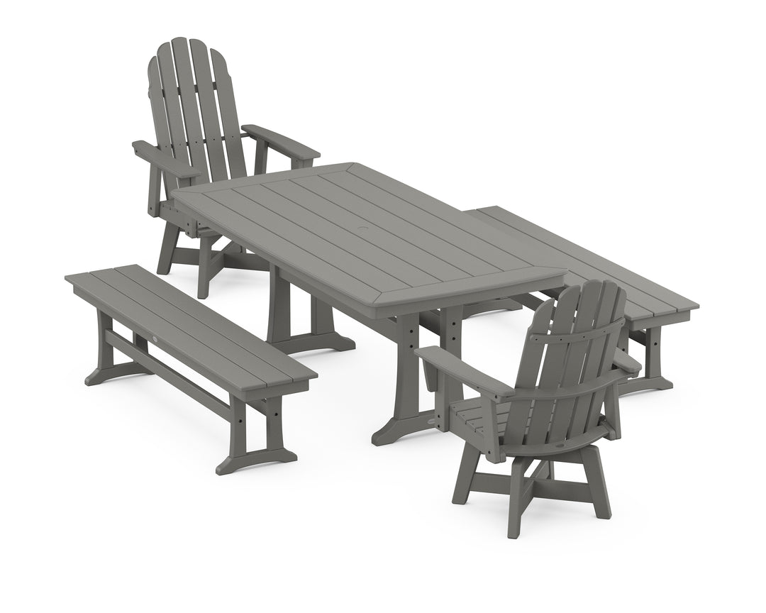 POLYWOOD® Vineyard Adirondack Swivel Chair 5-Piece Dining Set with Trestle Legs and Benches
