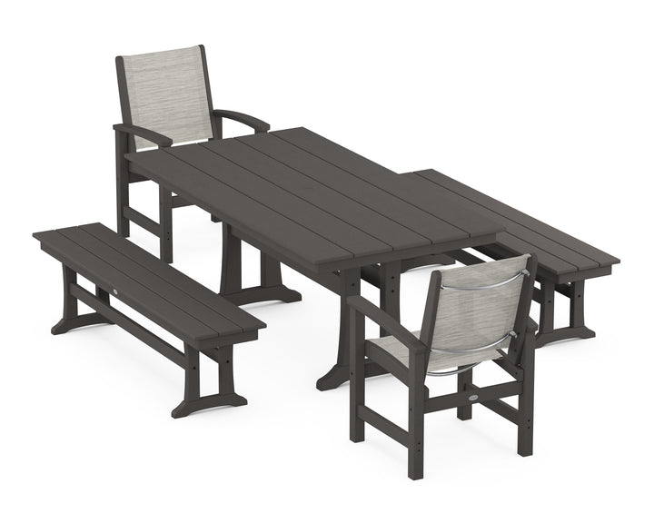 POLYWOOD® Coastal 5-Piece Farmhouse Dining Set with Trestle Legs and Benches