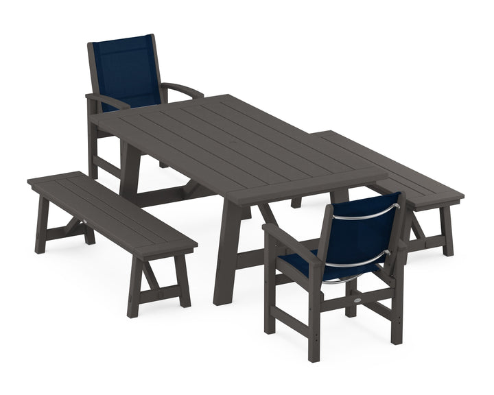 POLYWOOD® Coastal 5-Piece Rustic Farmhouse Dining Set With Benches