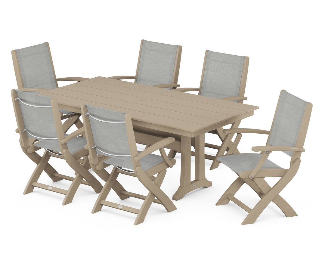POLYWOOD® Coastal Folding Arm Chair 7-Piece Farmhouse Dining Set with Trestle Legs