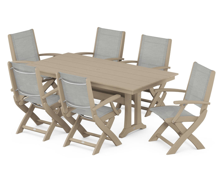 POLYWOOD® Coastal Folding Arm Chair 7-Piece Farmhouse Dining Set with Trestle Legs
