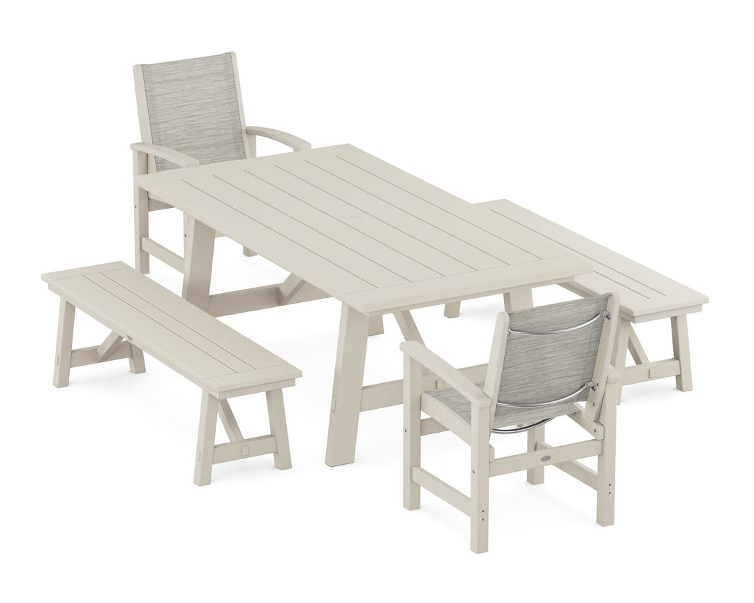 POLYWOOD® Coastal 5-Piece Rustic Farmhouse Dining Set With Benches