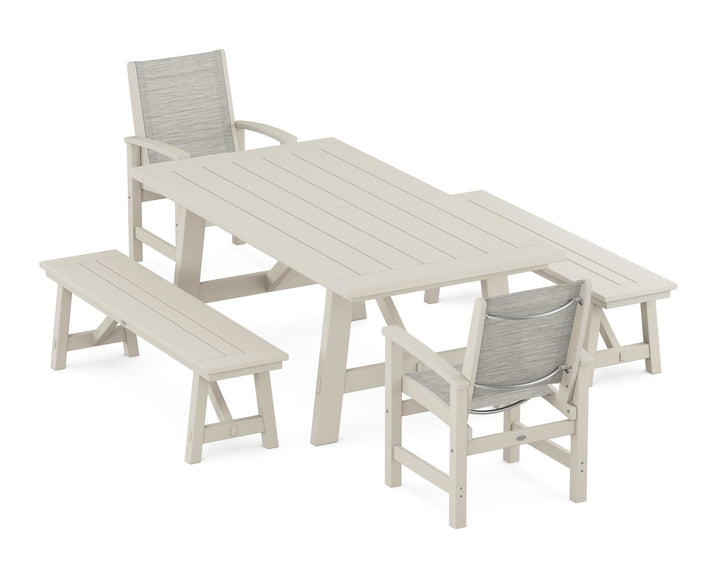 POLYWOOD® Coastal 5-Piece Rustic Farmhouse Dining Set With Benches