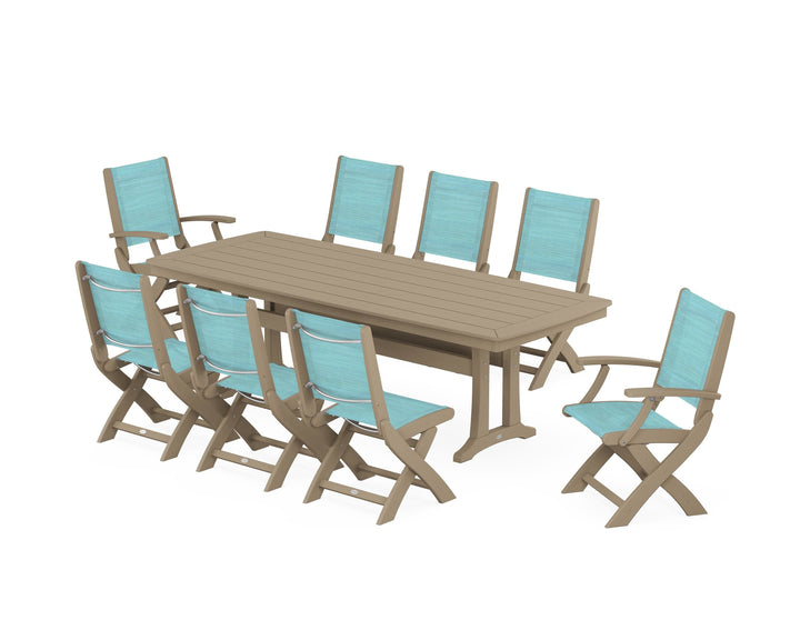 POLYWOOD® Coastal Folding 9-Piece Dining Set with Trestle Legs