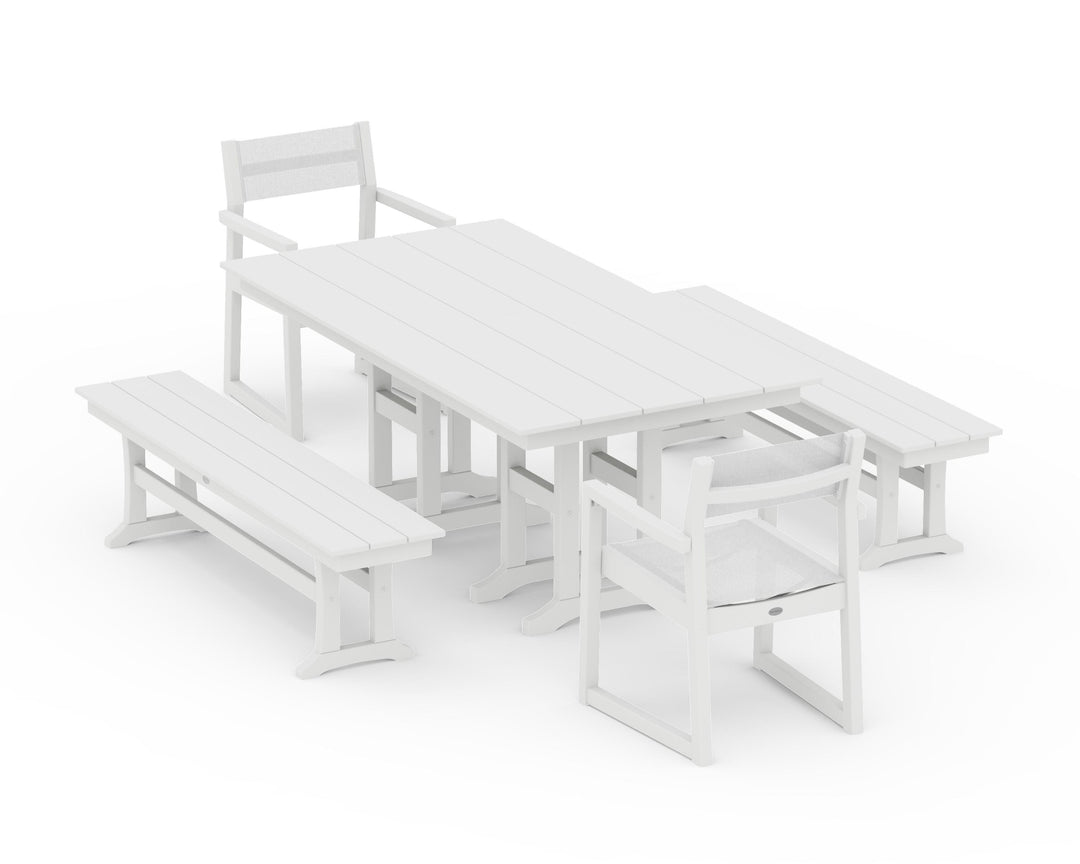 POLYWOOD® EDGE Sling Arm Chair 5-Piece Farmhouse Dining Set with Benches