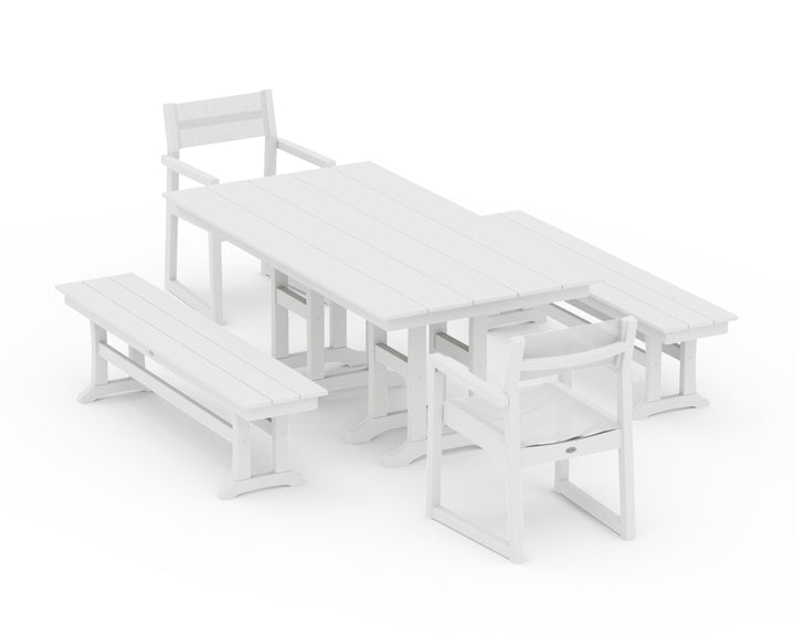 POLYWOOD® EDGE Sling Arm Chair 5-Piece Farmhouse Dining Set with Benches