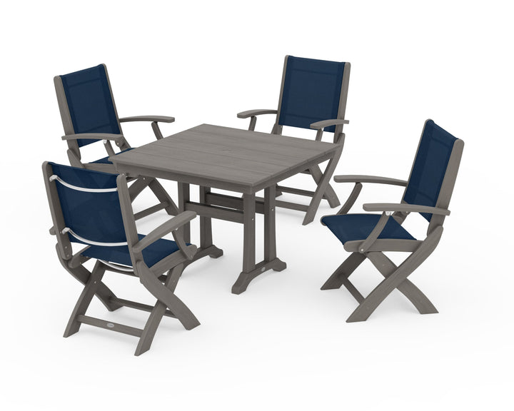POLYWOOD® Coastal Folding Chair 5-Piece Farmhouse Dining Set With Trestle Legs