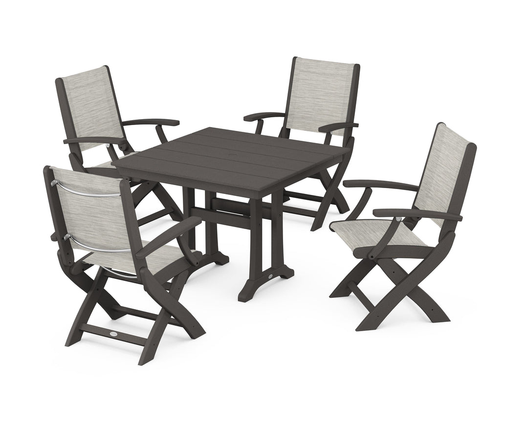 POLYWOOD® Coastal Folding Chair 5-Piece Farmhouse Dining Set With Trestle Legs