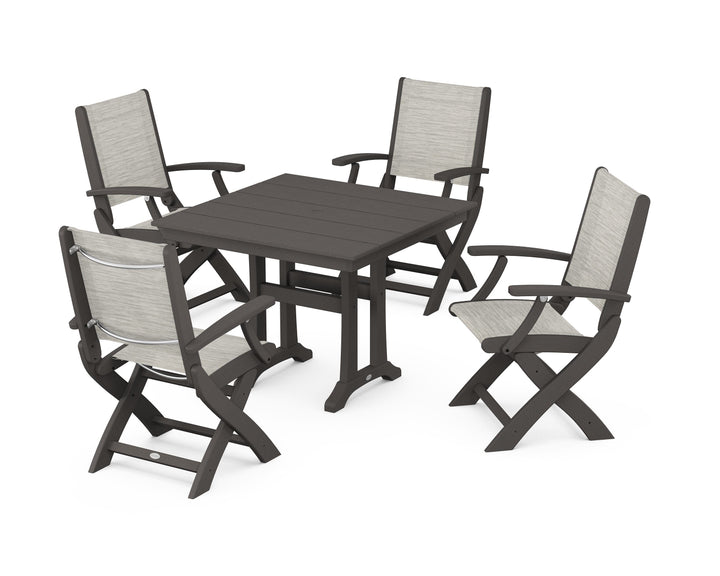 POLYWOOD® Coastal Folding Chair 5-Piece Farmhouse Dining Set With Trestle Legs
