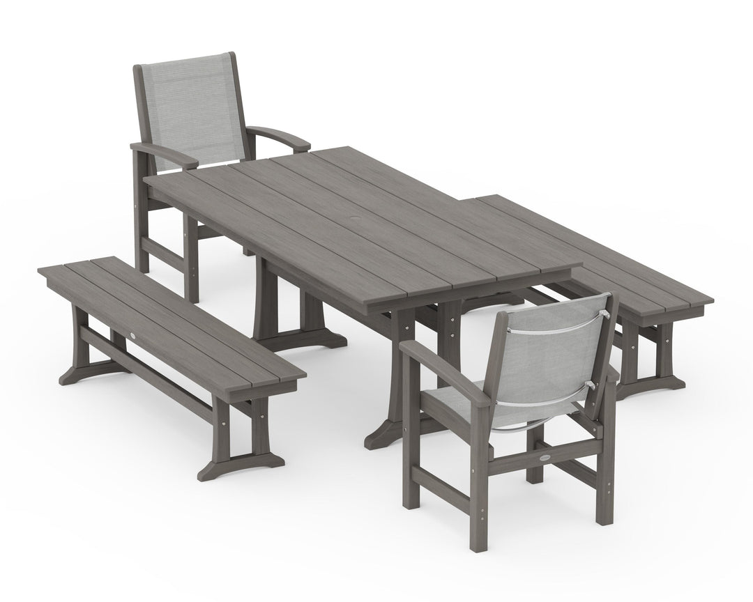 POLYWOOD® Coastal 5-Piece Farmhouse Dining Set with Trestle Legs and Benches