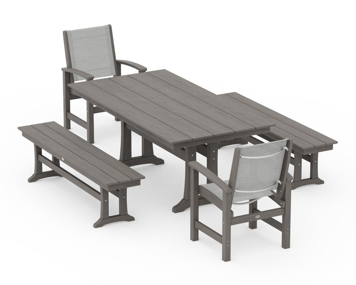 POLYWOOD® Coastal 5-Piece Farmhouse Dining Set with Trestle Legs and Benches