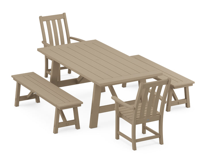POLYWOOD® Vineyard 5-Piece Rustic Farmhouse Dining Set With Benches