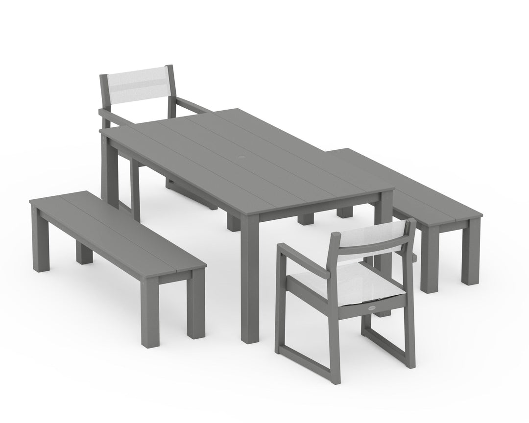 POLYWOOD® EDGE Sling Arm Chair 5-Piece Parsons Dining Set with Benches