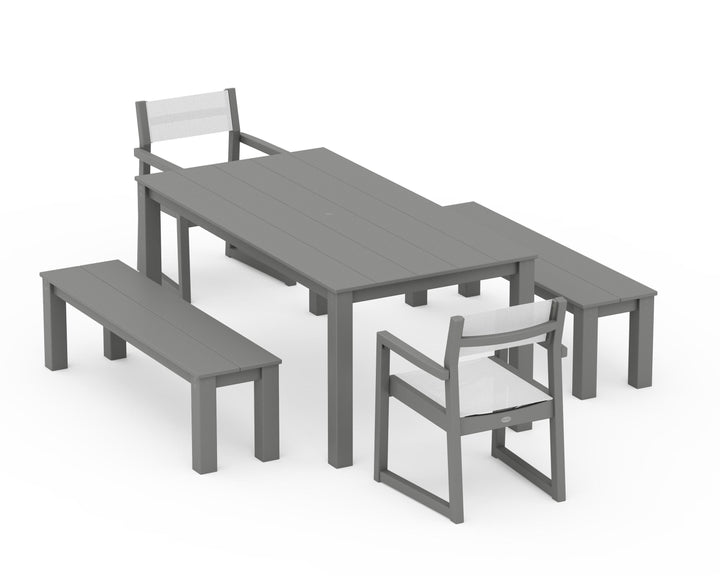 POLYWOOD® EDGE Sling Arm Chair 5-Piece Parsons Dining Set with Benches