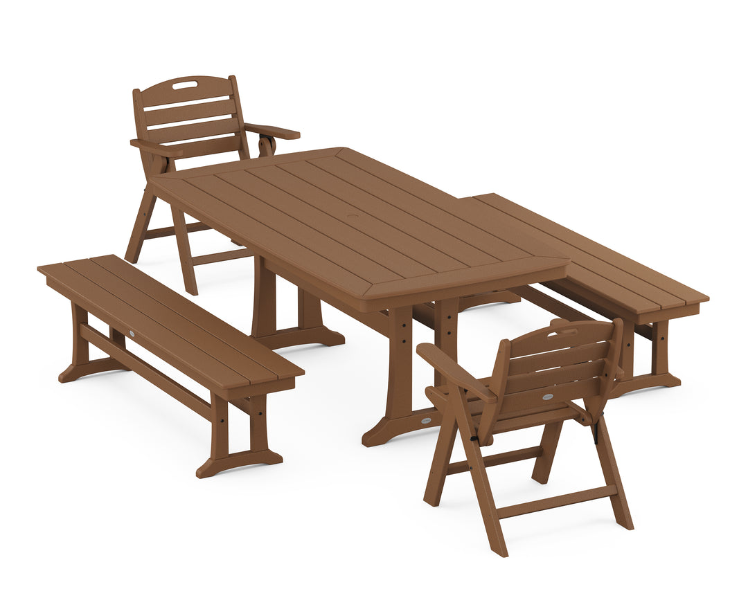 POLYWOOD® Nautical Folding Lowback Chair 5-Piece Dining Set with Trestle Legs and Benches