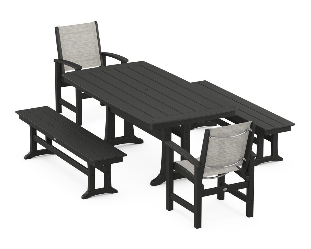 POLYWOOD® Coastal 5-Piece Dining Set with Trestle Legs and Benches