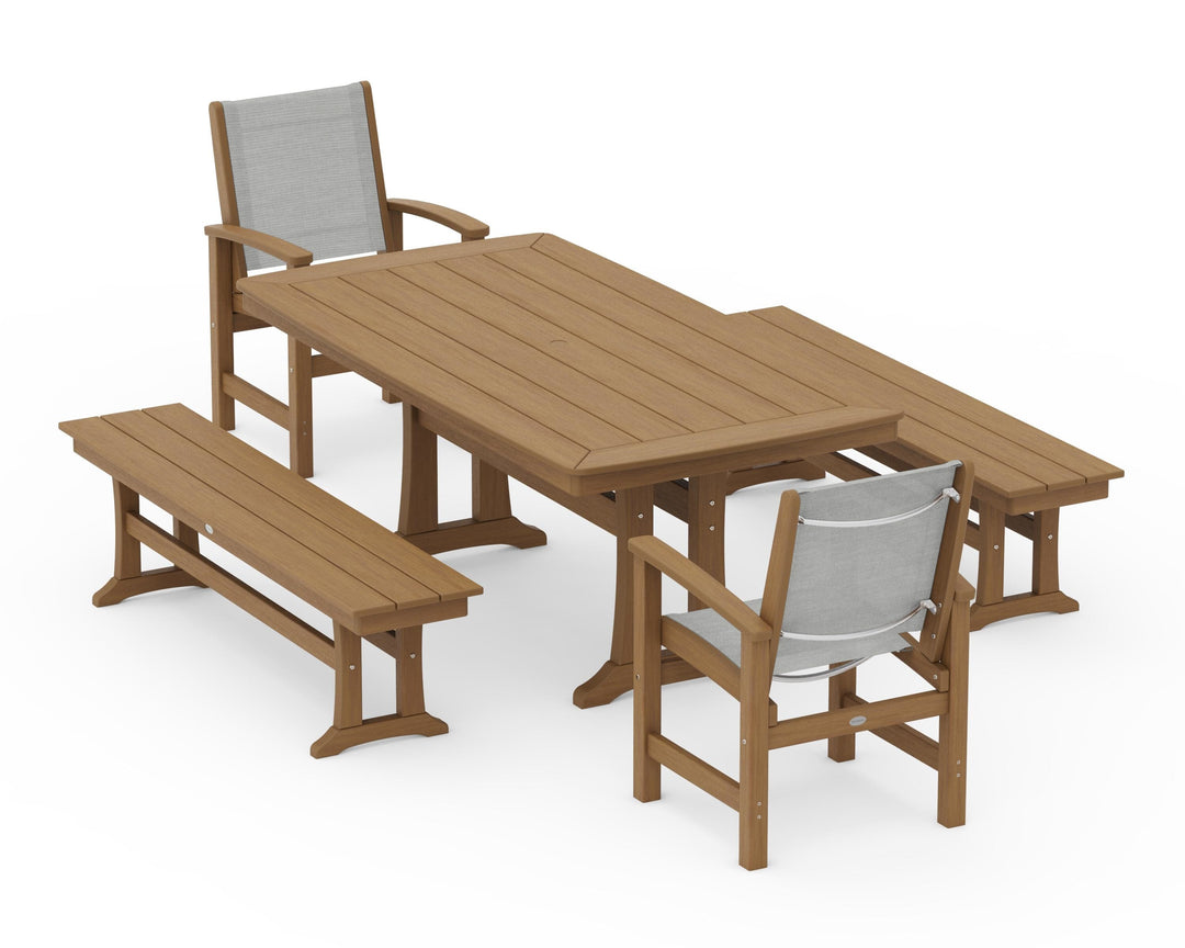 POLYWOOD® Coastal 5-Piece Dining Set with Trestle Legs and Benches