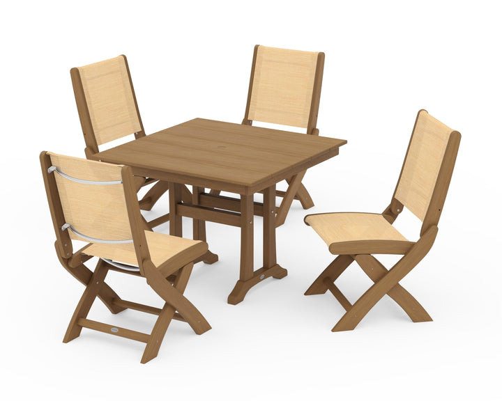 POLYWOOD® Coastal Folding Side Chair 5-Piece Farmhouse Dining Set With Trestle Legs