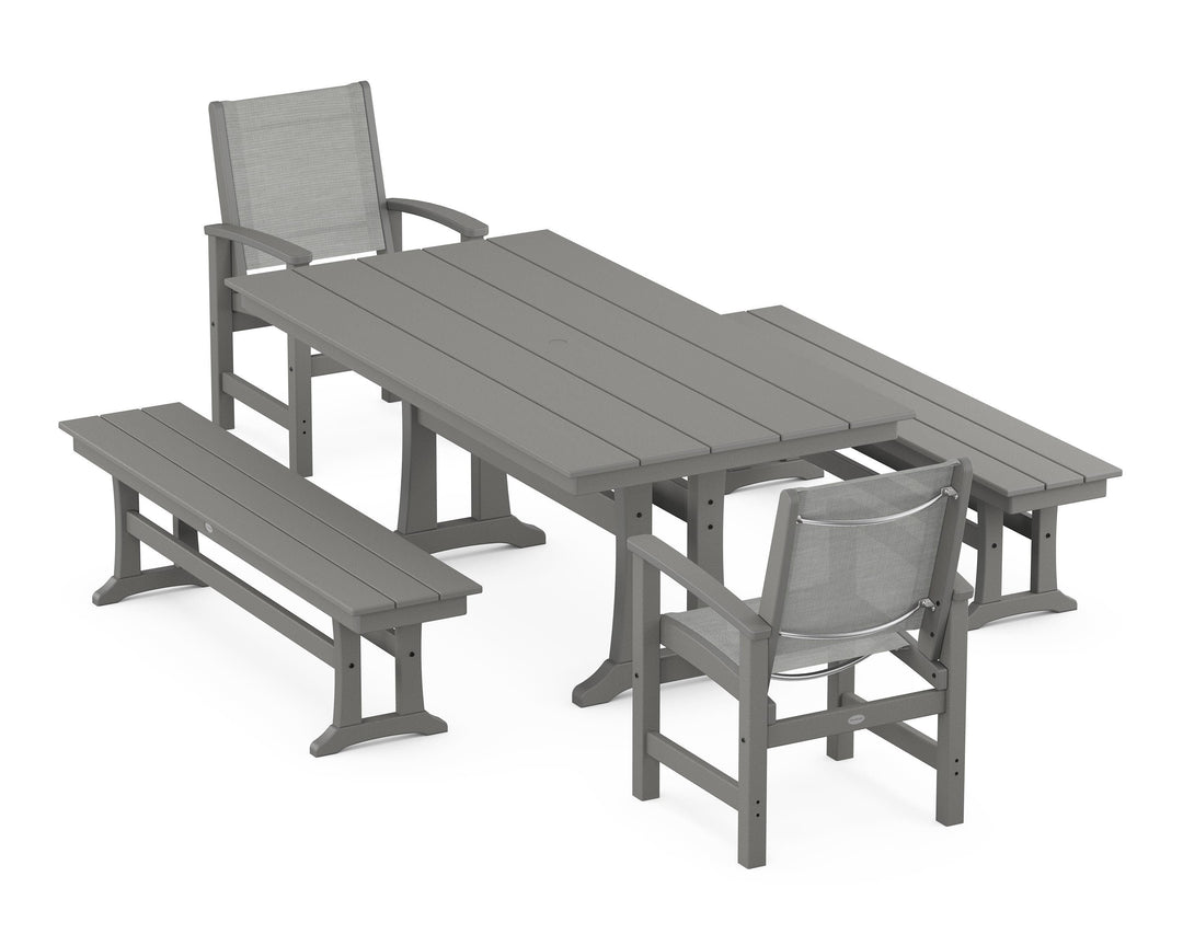 POLYWOOD® Coastal 5-Piece Farmhouse Dining Set with Trestle Legs and Benches