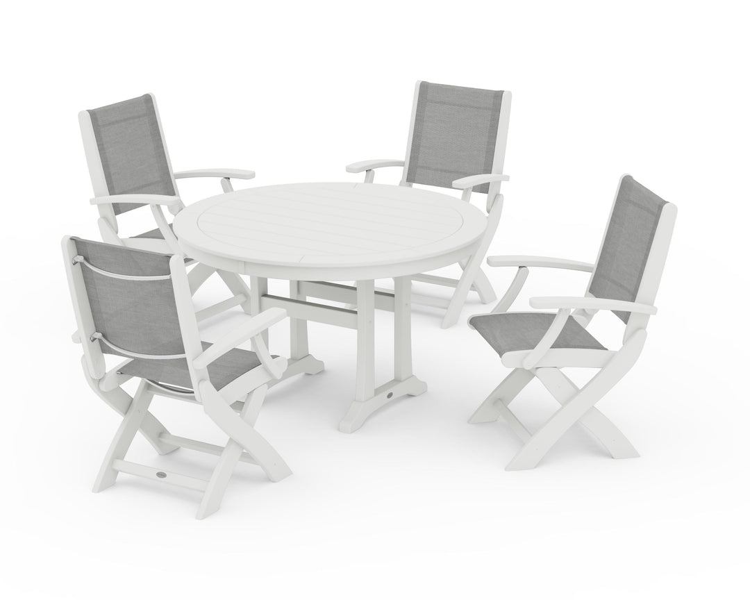 POLYWOOD® Coastal Folding Chair 5-Piece Round Dining Set with Trestle Legs