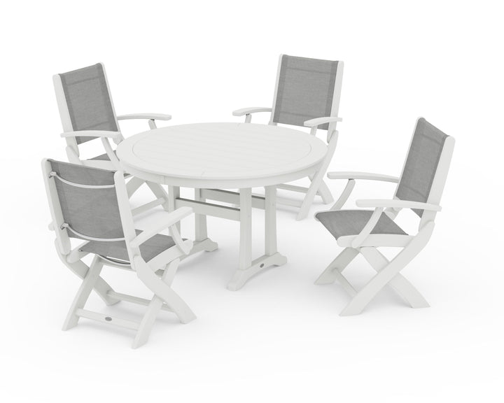 POLYWOOD® Coastal Folding Chair 5-Piece Round Dining Set with Trestle Legs
