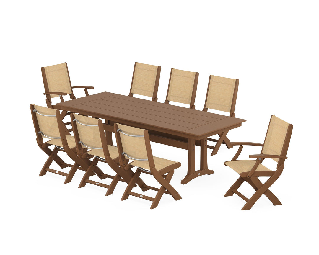 POLYWOOD® Coastal 9-Piece Folding Dining Chair Farmhouse Dining Set with Trestle Legs