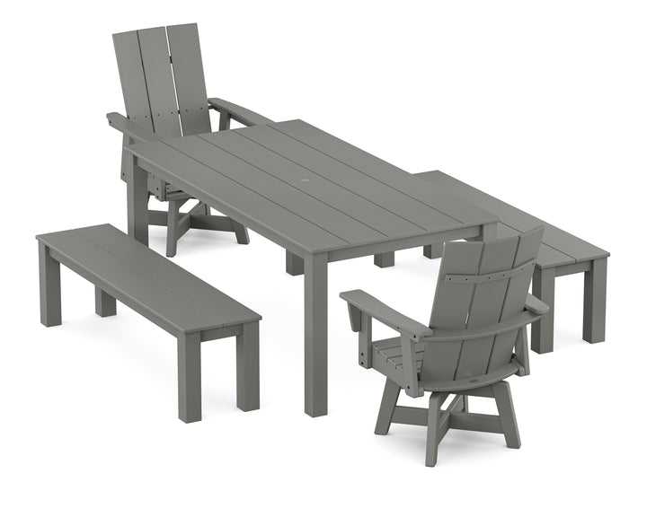 POLYWOOD® Modern Curveback Adirondack 5-Piece Parsons Swivel Dining Set with Benches