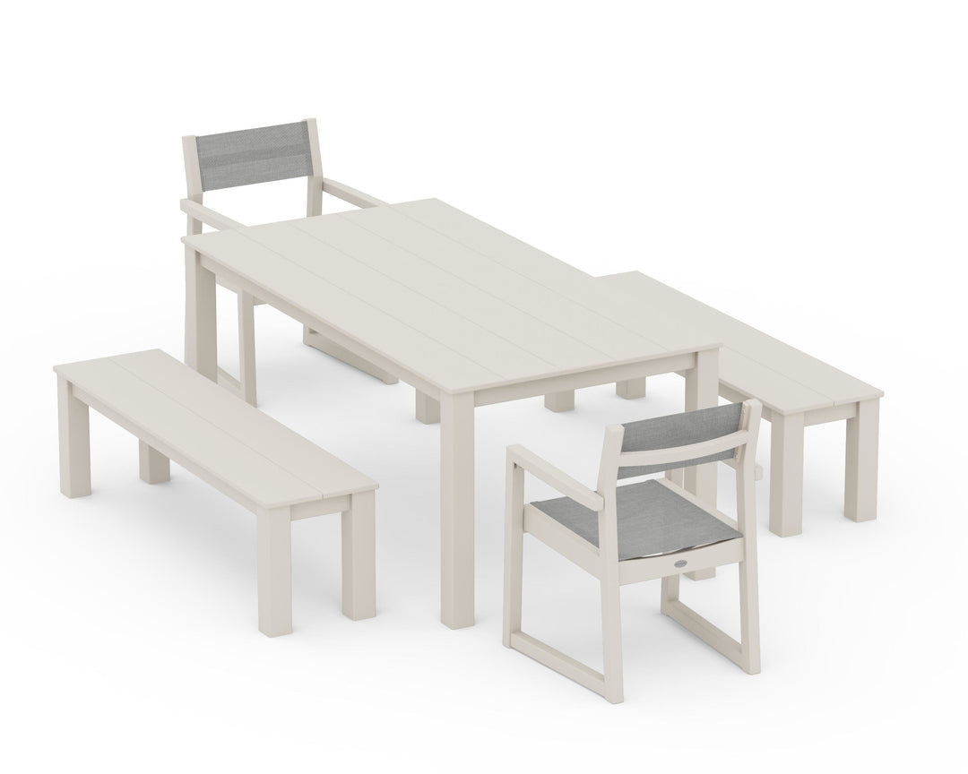 POLYWOOD® EDGE Sling Arm Chair 5-Piece Parsons Dining Set with Benches