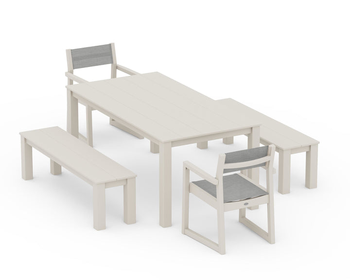 POLYWOOD® EDGE Sling Arm Chair 5-Piece Parsons Dining Set with Benches