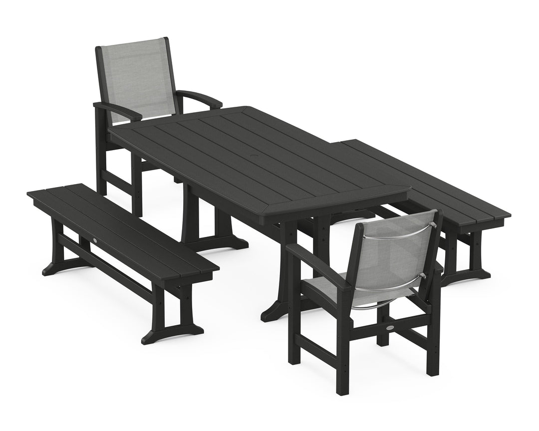 POLYWOOD® Coastal 5-Piece Dining Set with Trestle Legs and Benches