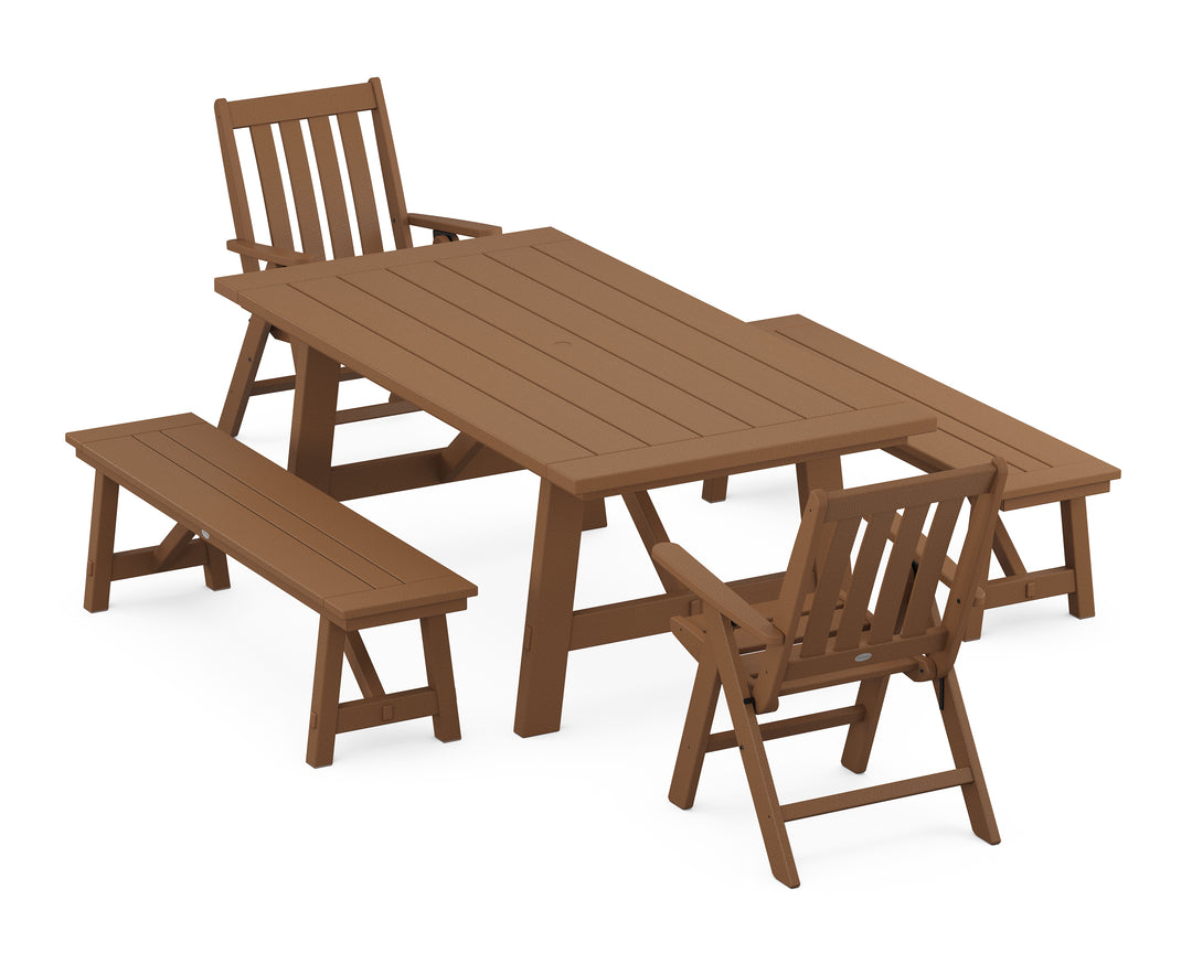 POLYWOOD® Vineyard Folding Chair 5-Piece Rustic Farmhouse Dining Set With Benches