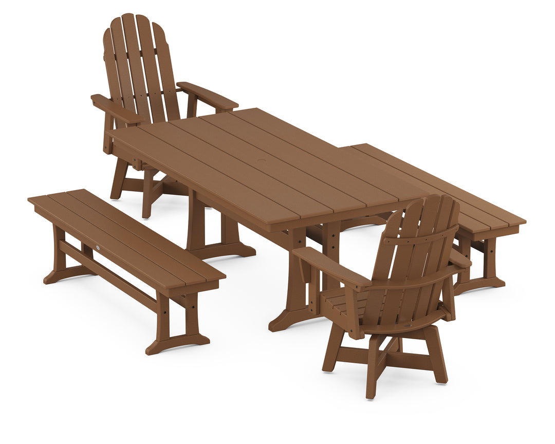 POLYWOOD® Vineyard Curveback Adirondack Swivel Chair 5-Piece Farmhouse Dining Set With Trestle Legs and Benches