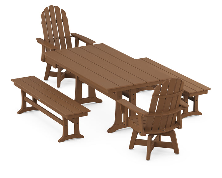 POLYWOOD® Vineyard Curveback Adirondack Swivel Chair 5-Piece Farmhouse Dining Set With Trestle Legs and Benches