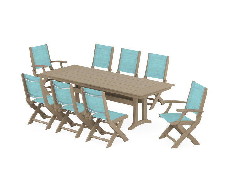 POLYWOOD® Coastal 9-Piece Folding Dining Chair Farmhouse Dining Set with Trestle Legs
