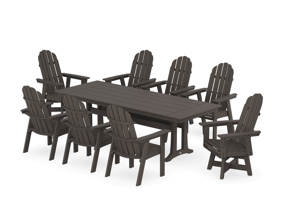 POLYWOOD® Vineyard 9-Piece Curveback Adirondack Swivel Farmhouse Dining Set with Trestle Legs