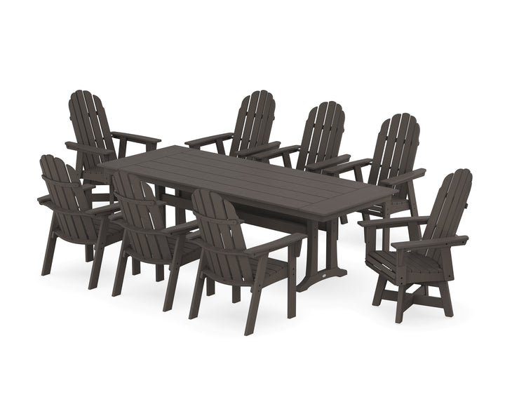 POLYWOOD® Vineyard 9-Piece Curveback Adirondack Swivel Farmhouse Dining Set with Trestle Legs