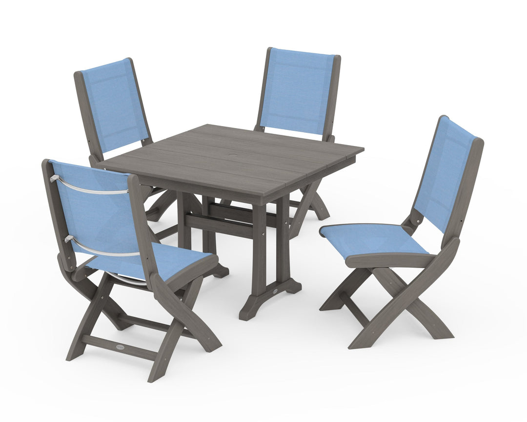 POLYWOOD® Coastal Folding Side Chair 5-Piece Farmhouse Dining Set With Trestle Legs
