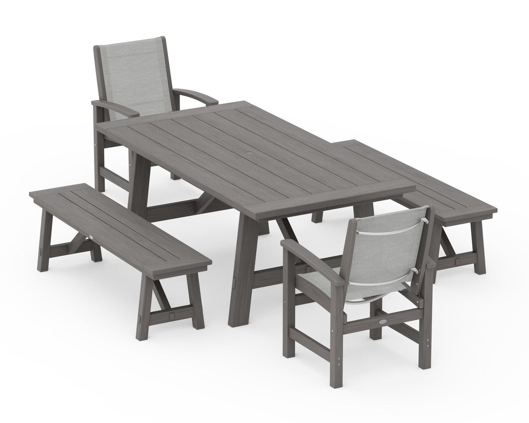 POLYWOOD® Coastal 5-Piece Rustic Farmhouse Dining Set With Benches