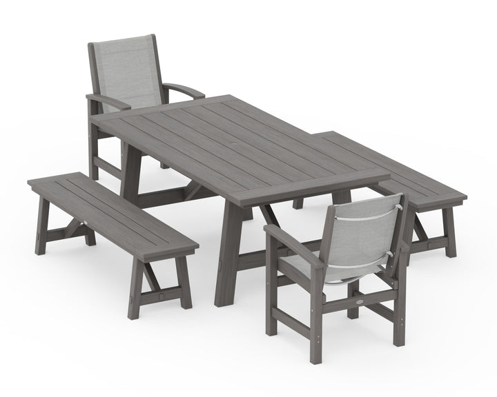 POLYWOOD® Coastal 5-Piece Rustic Farmhouse Dining Set With Benches
