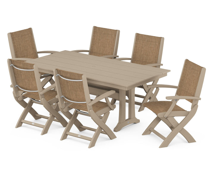 POLYWOOD® Coastal Folding Arm Chair 7-Piece Farmhouse Dining Set with Trestle Legs